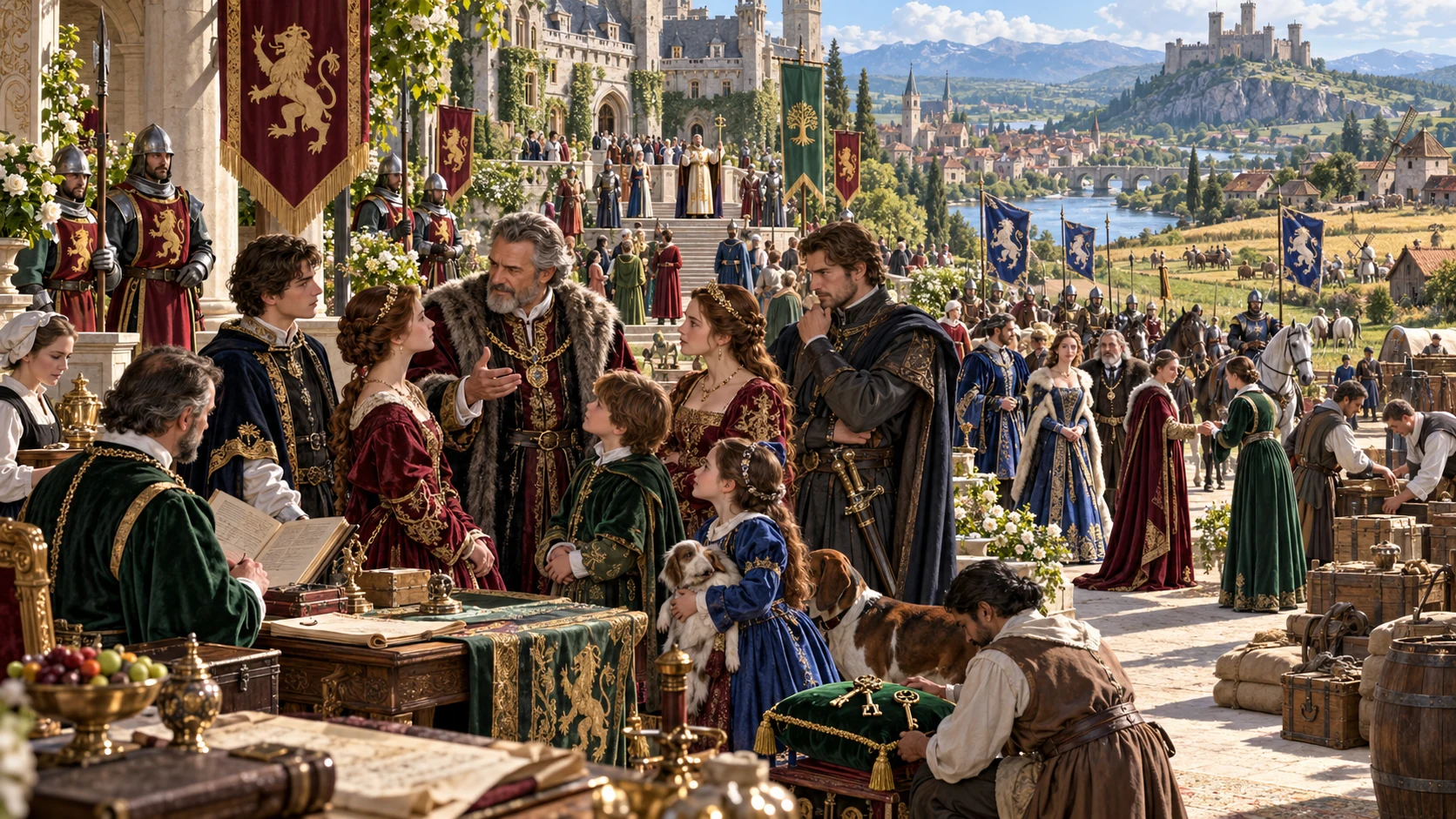 Fantasy illustration of a noble family with retainers and heraldic banners in a courtyard overlooking riverside estates