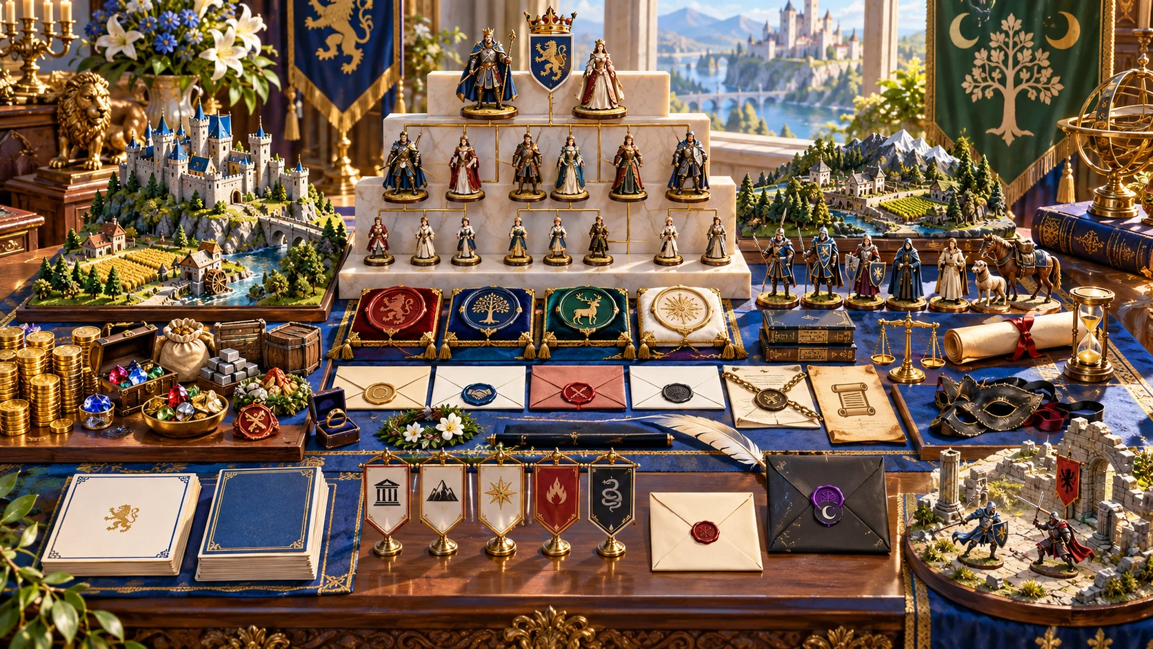 Fantasy illustration of a dynasty dossier represented by family figurines, heraldic seals, estates, letters and a small physical conflict model