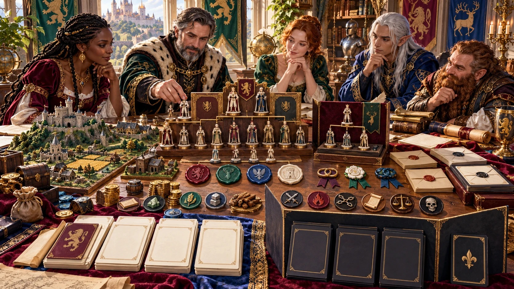 Fantasy illustration of nobles planning around family figurines, heraldic seals, estate models and documents
